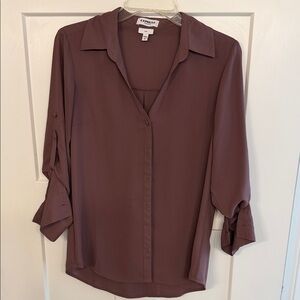 Express Button-Front Shear Blouse in Deep Plum